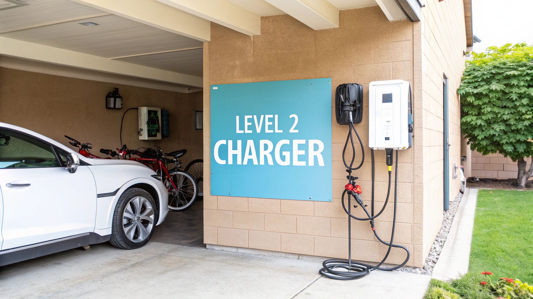 a garage with a blue poster that reads 'level 2 charger'