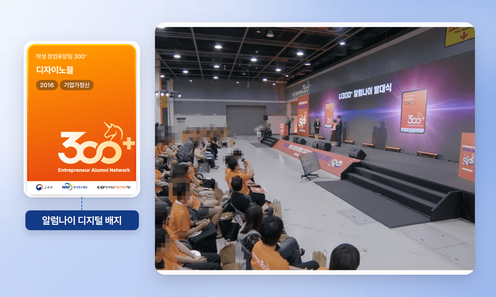 2025 학생 창업유망팀 300+ 네트워킹 데이의 U300+ 알럼나이 발대식 현장(참석자 얼굴은 모자이크)과 300+ Entrepreneur Alumni Network 디지털 배지
