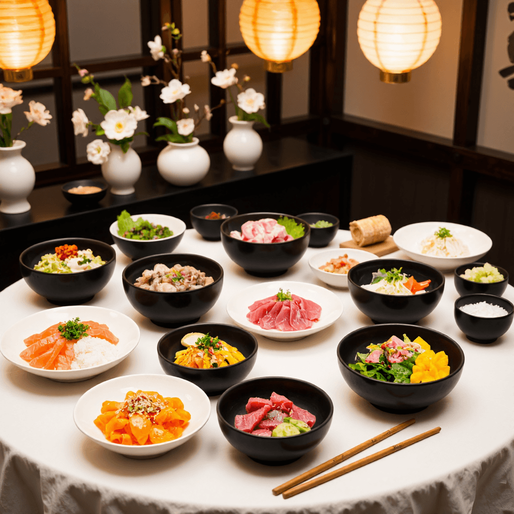 product photography of Yukhoe (Korean raw beef) bowls and sashimi