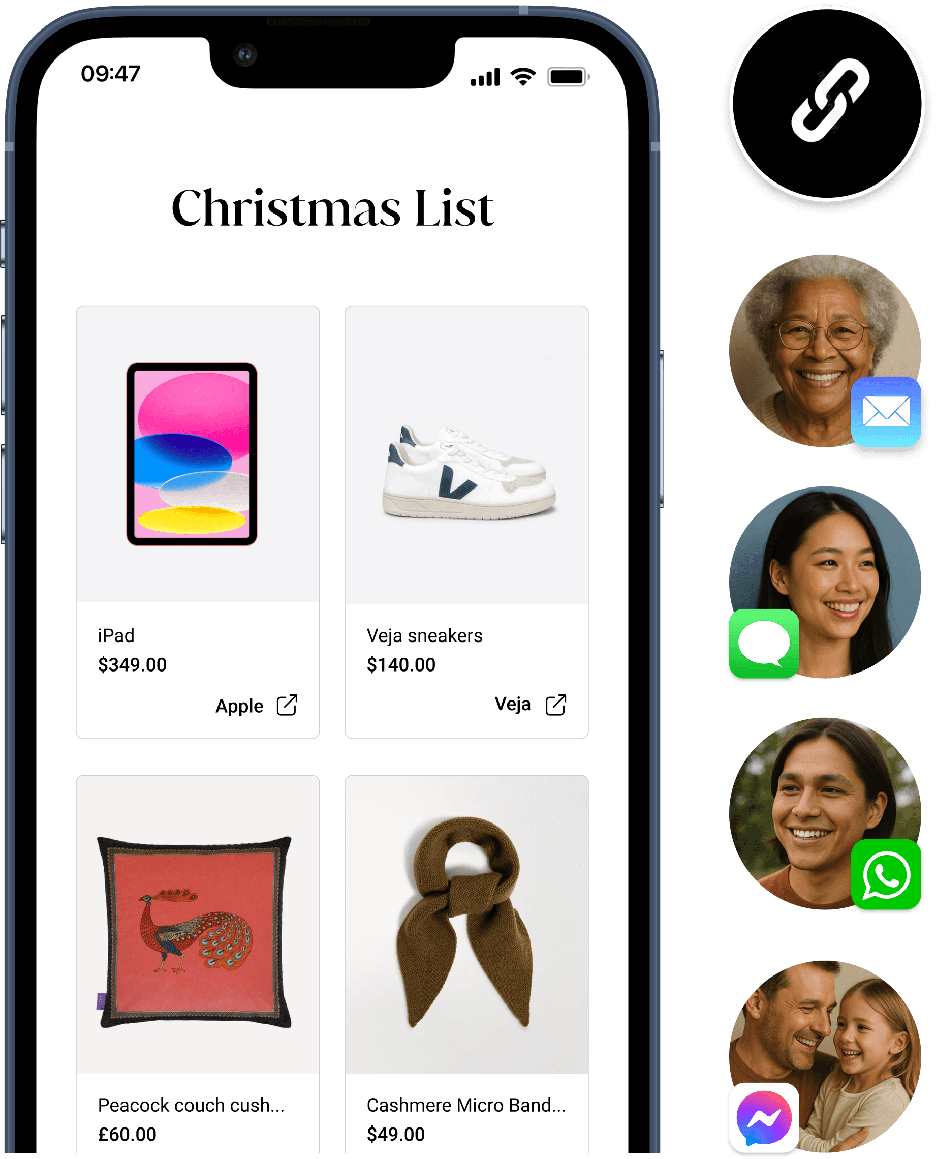 Christmas list shared with friends and family using a link and sent via email, messenger, whatsapp and text message