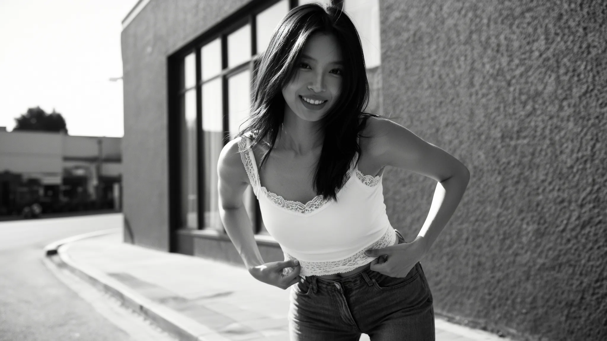 Weibliches KI-Model in Jeans und weißem Spitzentop, lächelnd in einer urbanen Straßenkulisse – hochwertiger AI-Lifestyle-Content für Mode-, Social-Media- und Branding-Projekte.
