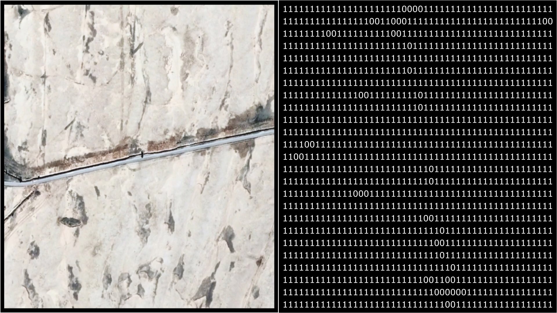 Aerial view of terrain with a road and binary data