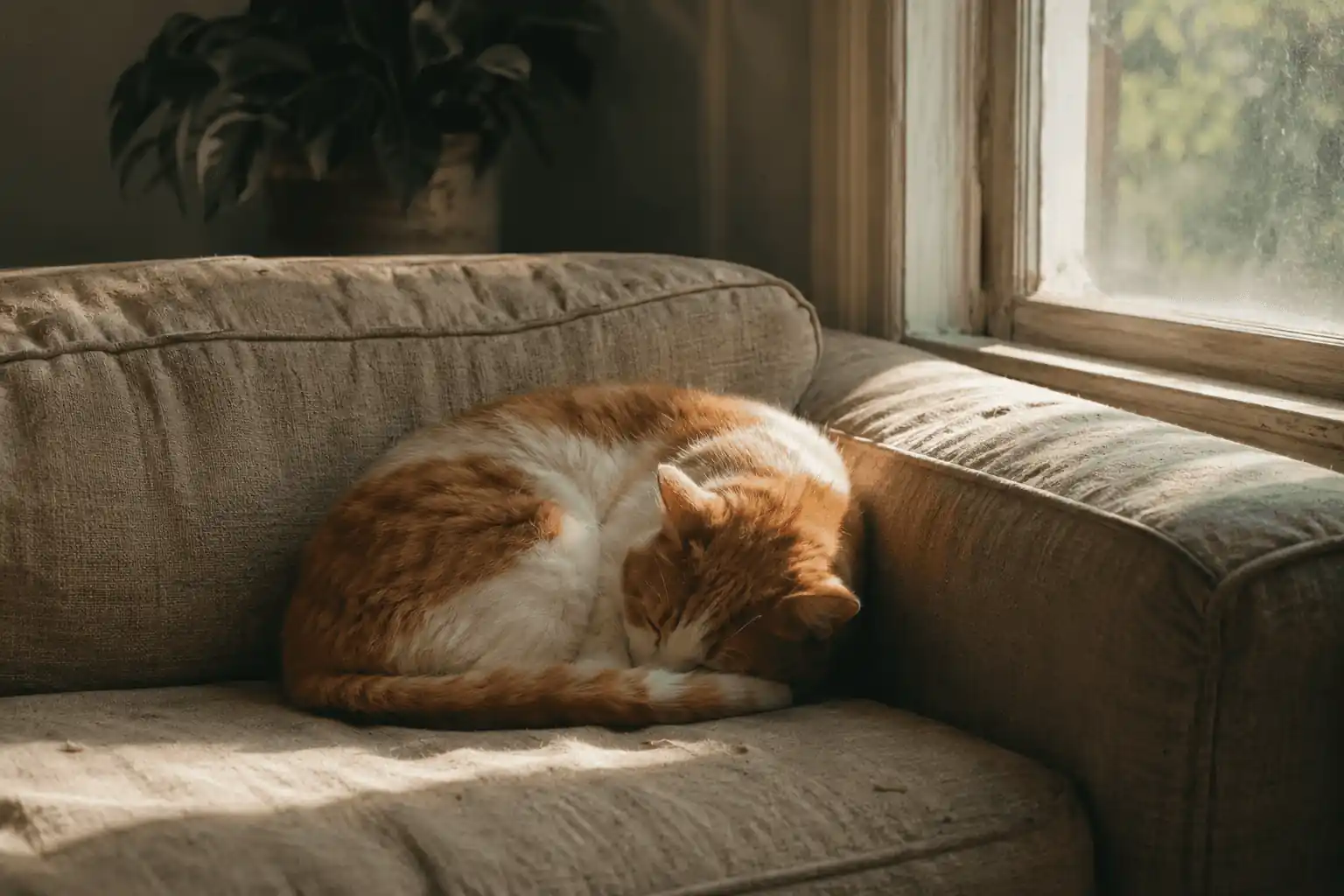A cat curled on a sofa beside a quiet window