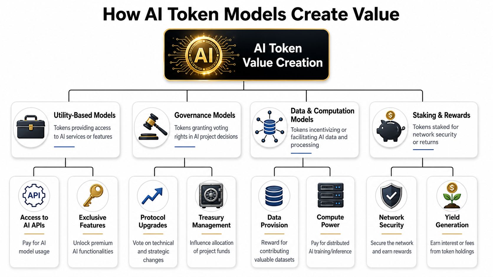 A diagram illustrating how AI crypto token models create value through utility, governance, data, and staking mechanisms.