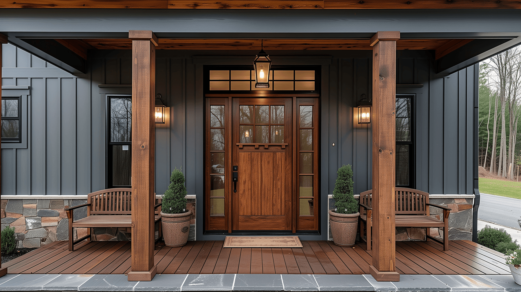 Farm style house with black siding and a big wooden door surrounded by windows 