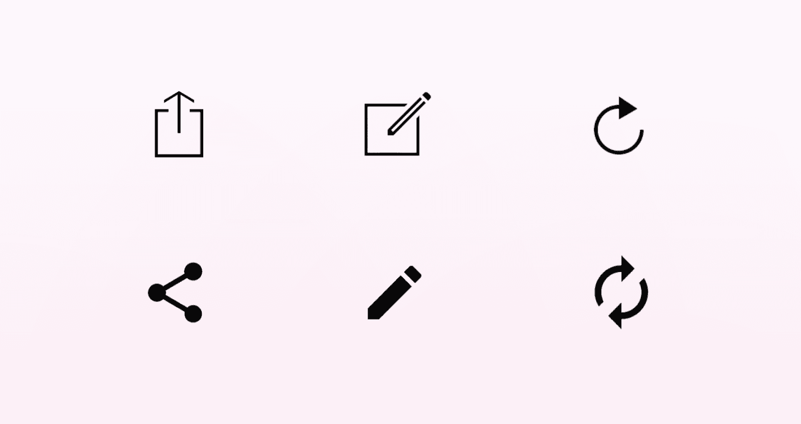 Set of simple black interface icons on a light background, including upload, edit, refresh, share, and sync symbols.