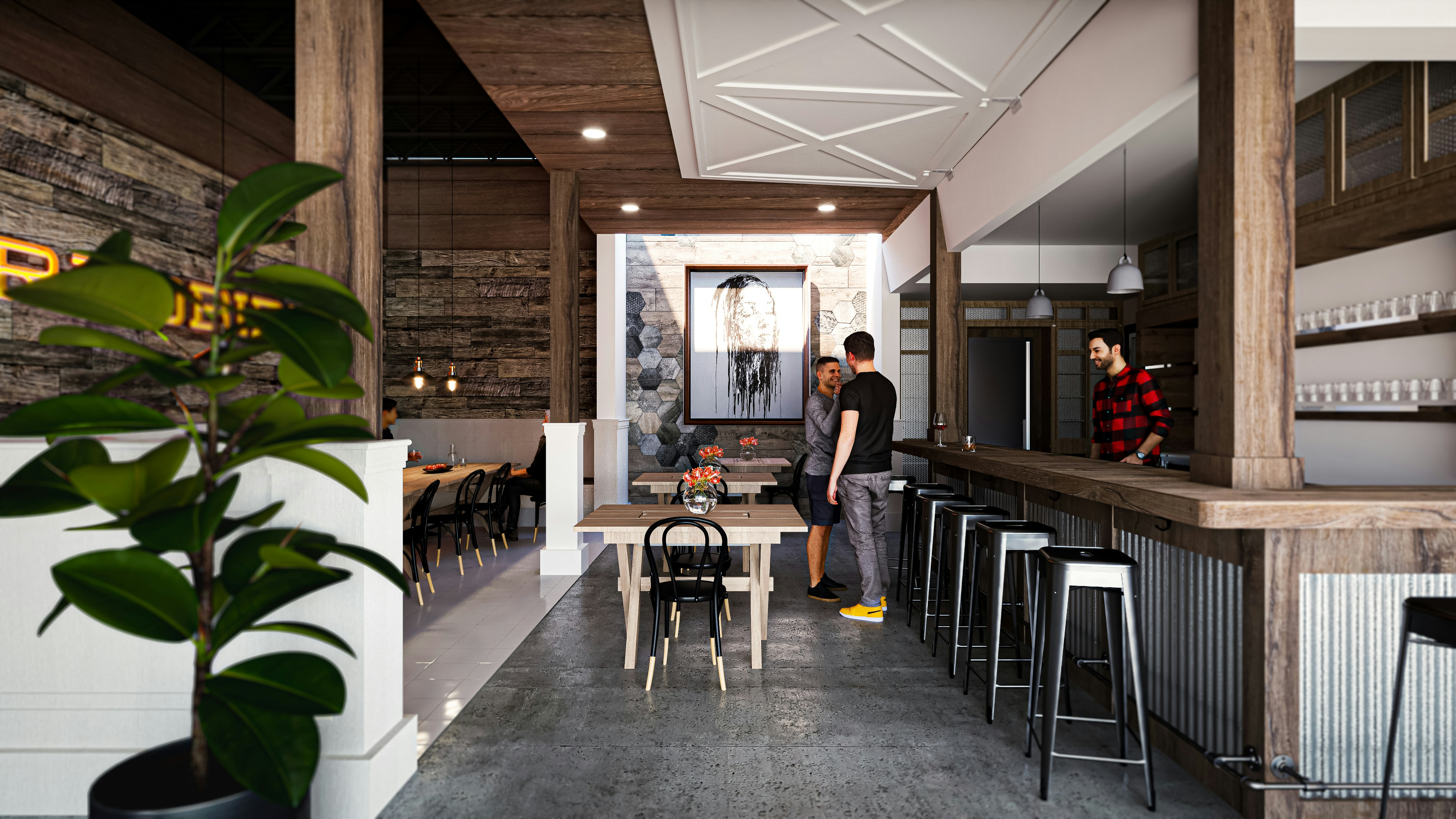 Interior V-Ray render of a modern restaurant or café space with wood finishes, bar seating, dining tables, plants, and people in the scene.
