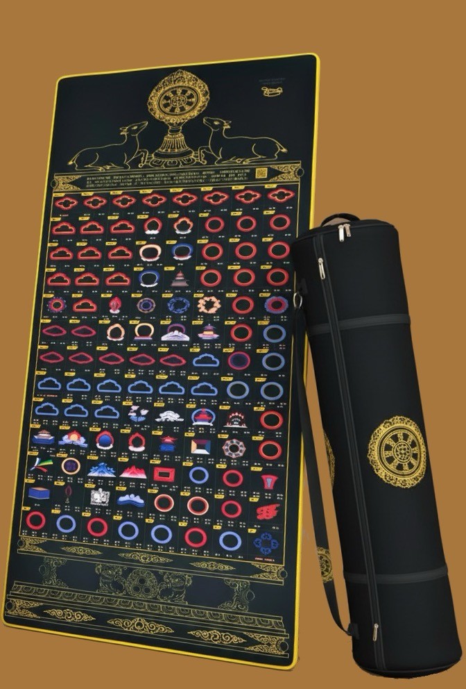 A woman sits cross-legged with eyes closed, wearing a white blouse and a long purple skirt, looking serene.