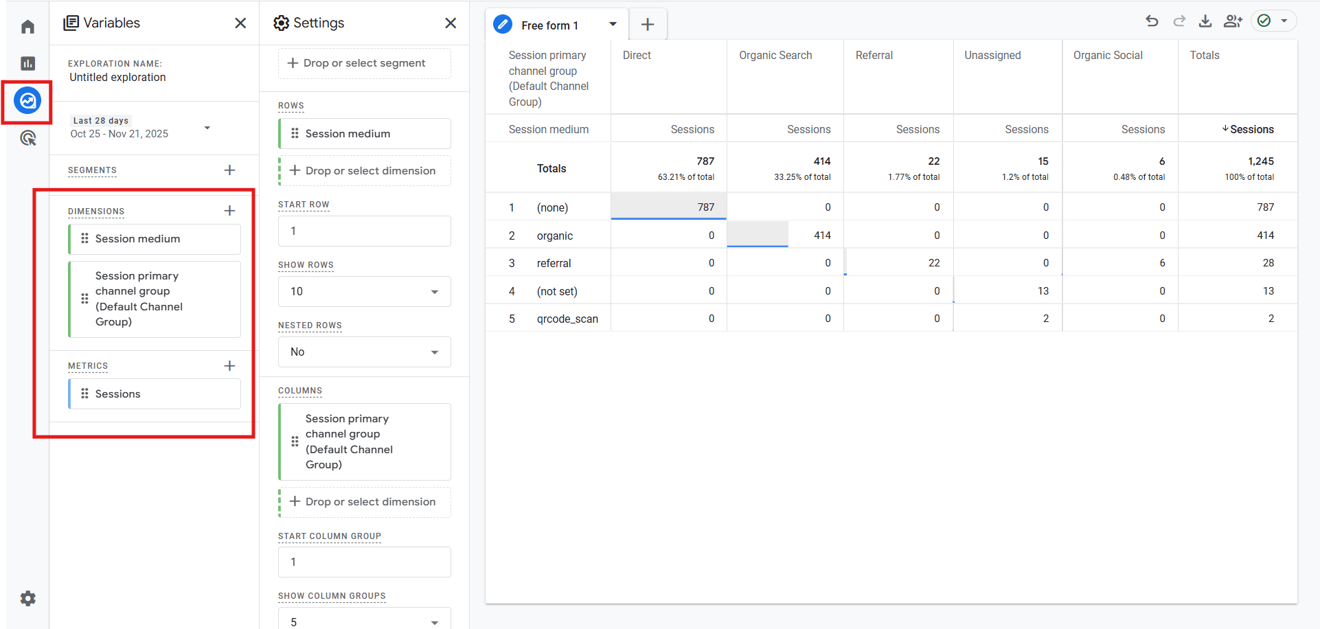 GA4 exploration interface showing free-form analysis setup with dimensions and metrics