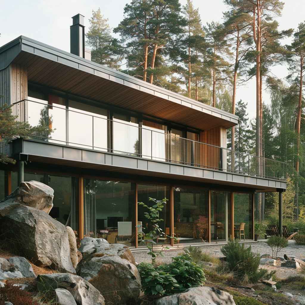 A modern, single-story home with large windows and a balcony overlooking a rocky landscape.