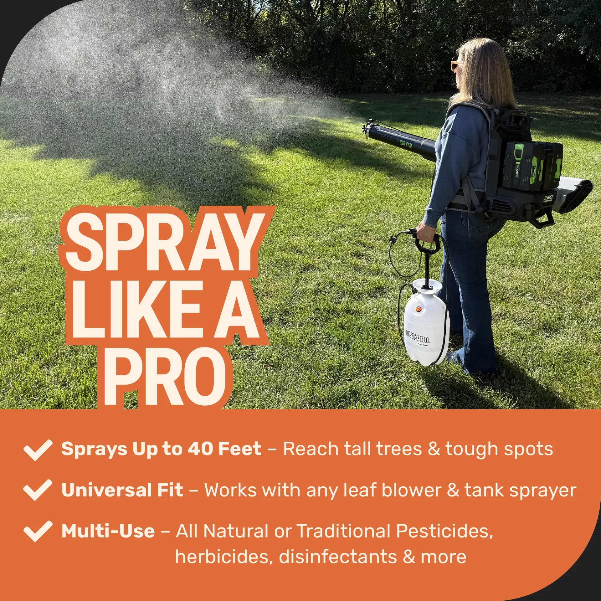 Person using a backpack sprayer on grass with promotional text about its features.