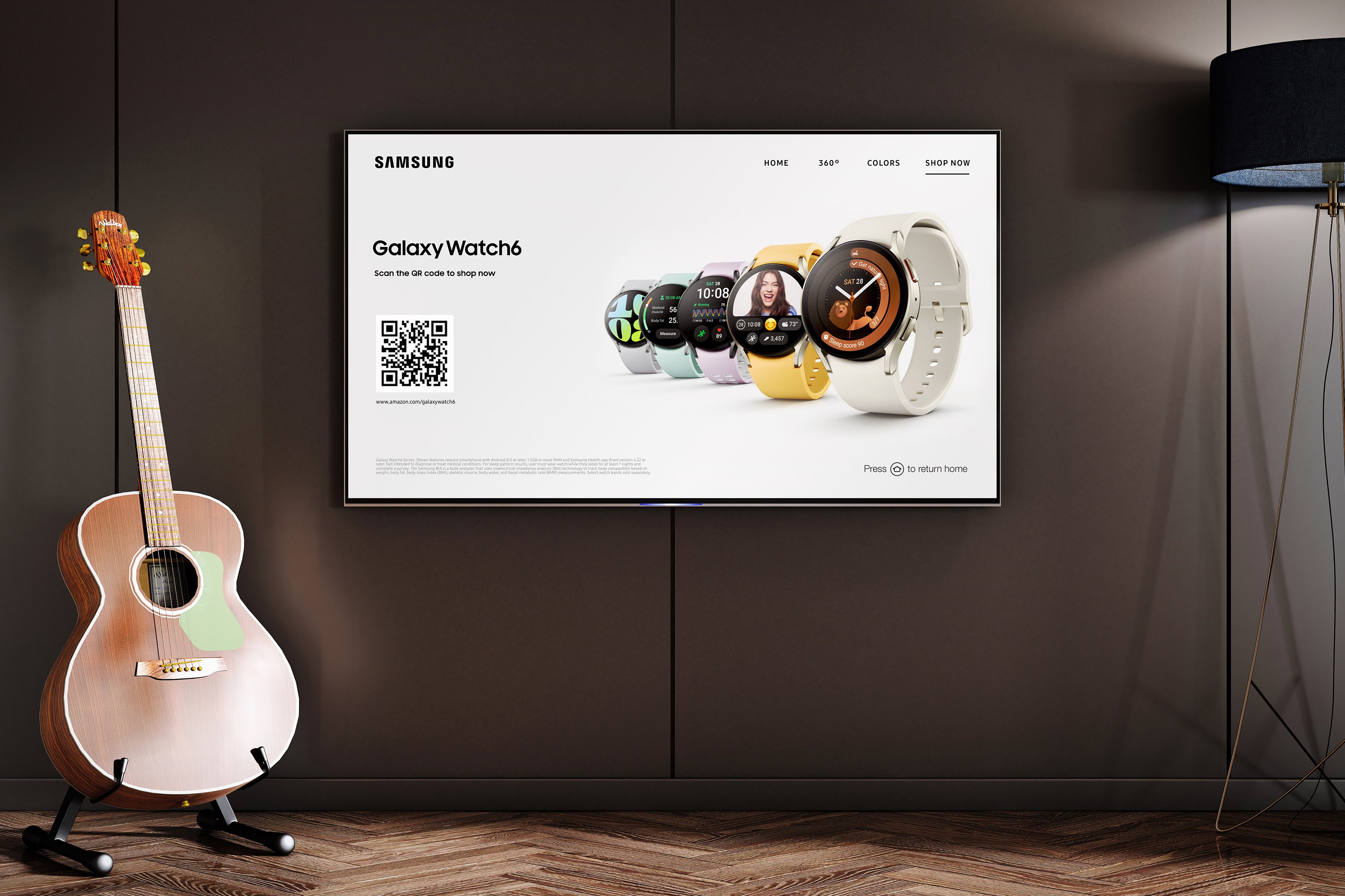 A living room setting with a TV displaying Samsung devices.