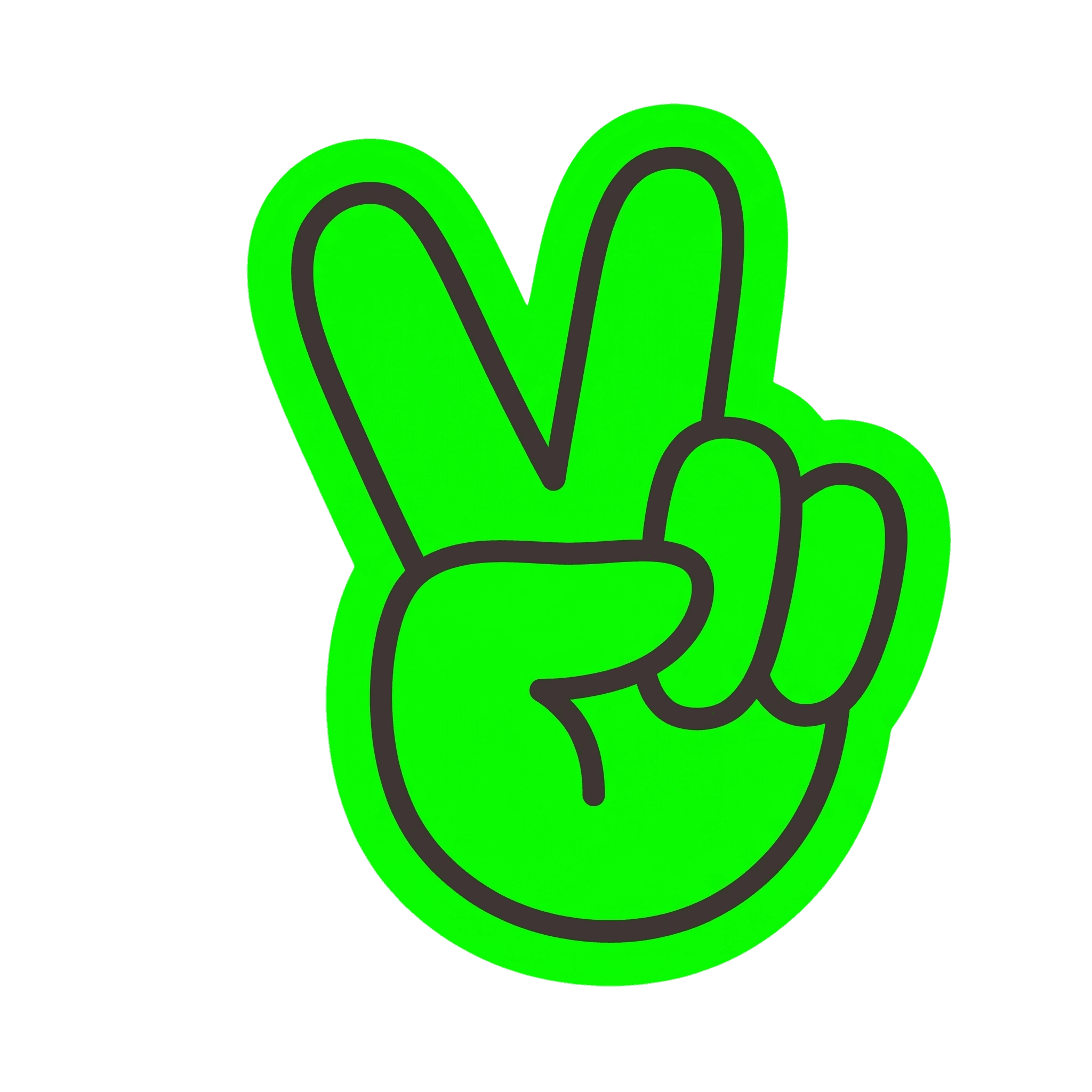 The image shows a bold green peace sign hand gesture with a thick black outline against a gray background, symbolizing peace and victory.