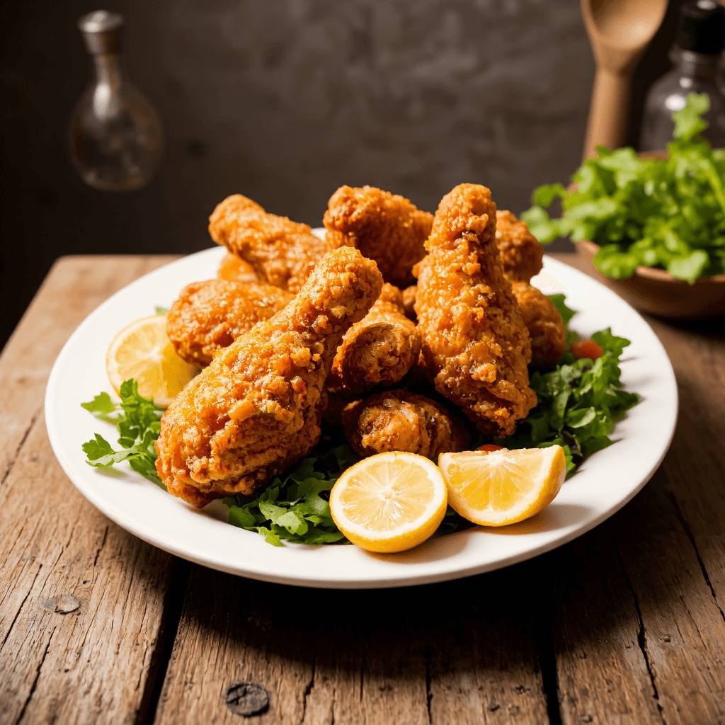 product photography of a plate of fried chicken with lemon and greens