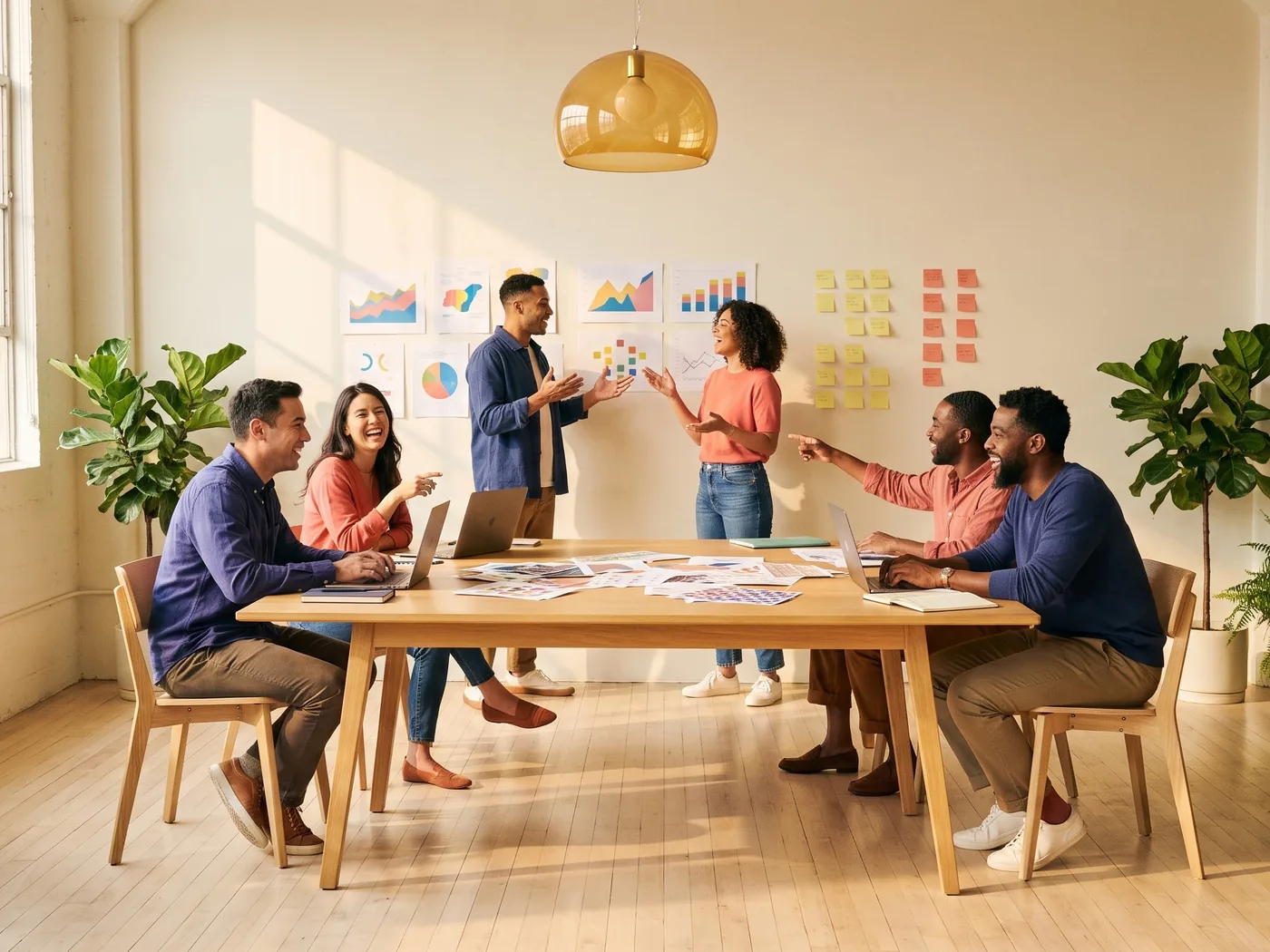 A team around a table with printed research
