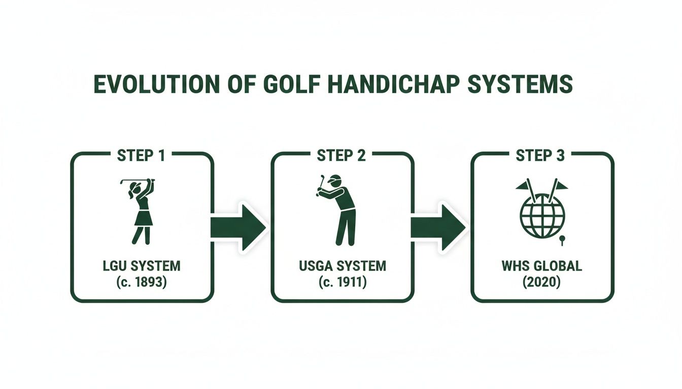Flowchart showing the evolution of golf handicap systems: LGU, USGA, and WHS Global.
