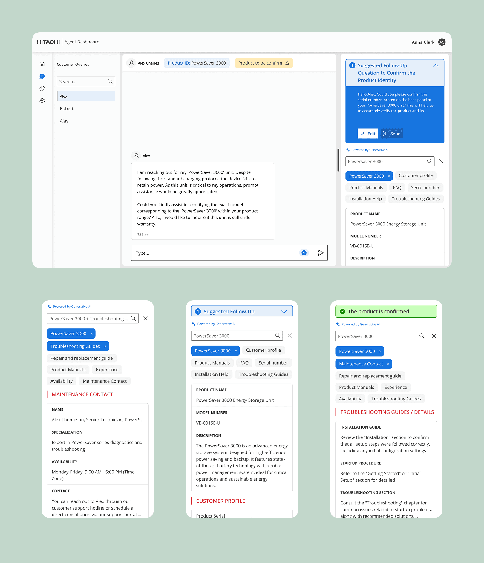 Dynamic chat assistant identifies products, suggests responses, and provides troubleshooting guidance through a knowledge graph.
