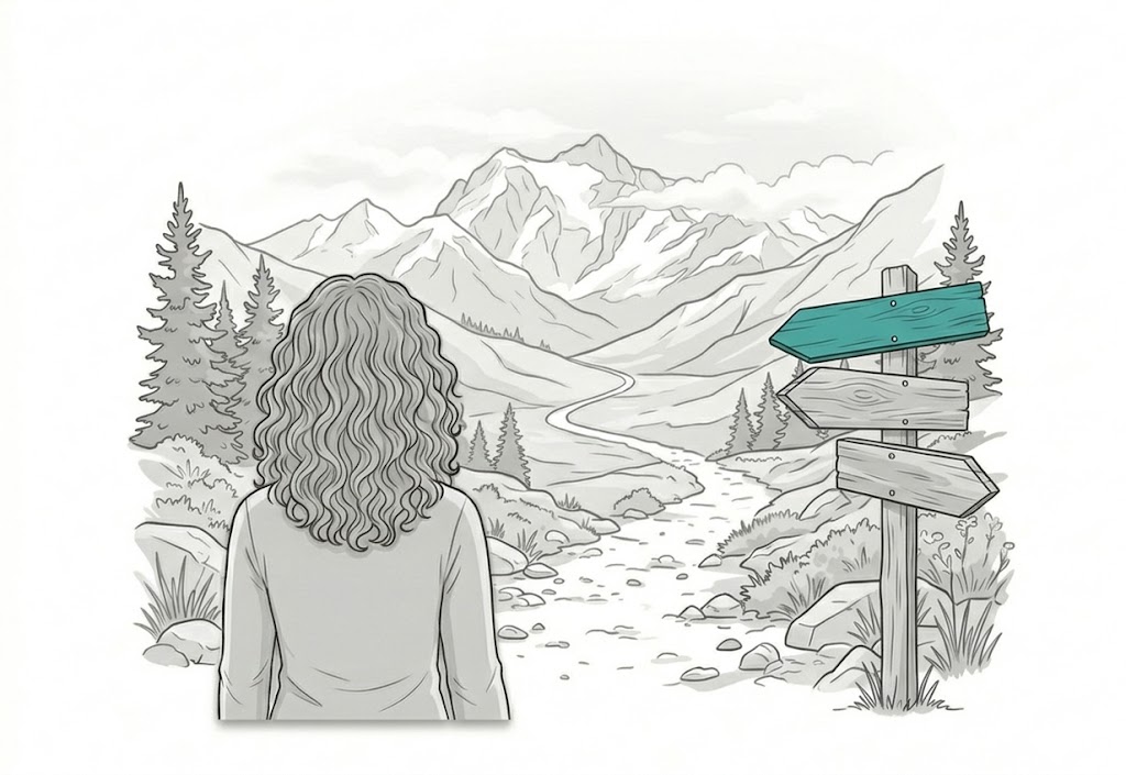 A woman faces a path winding up a mountain