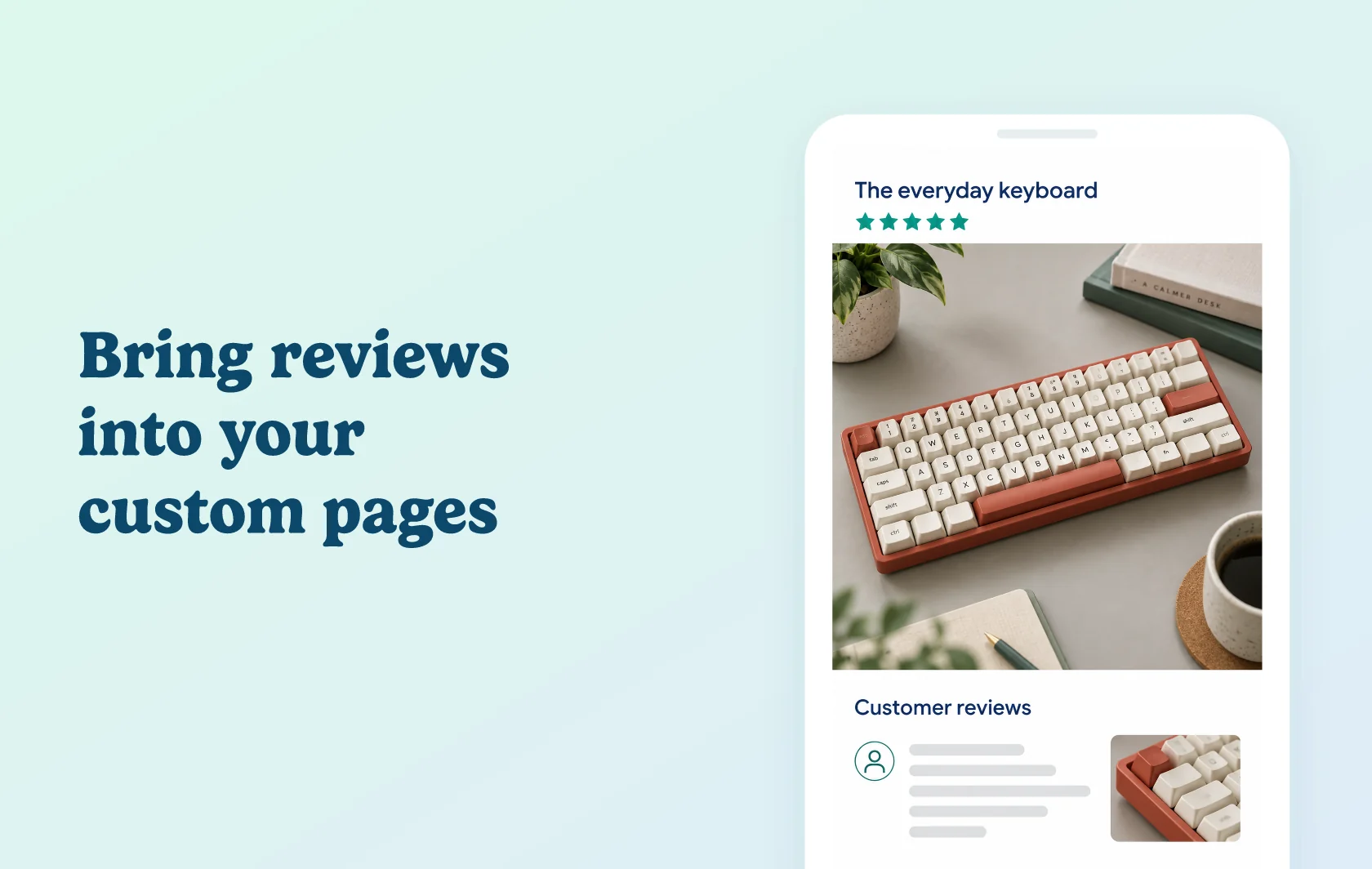 Judge.me and GemPages integration: illustration of a keyboard product page with star ratings and customer reviews.