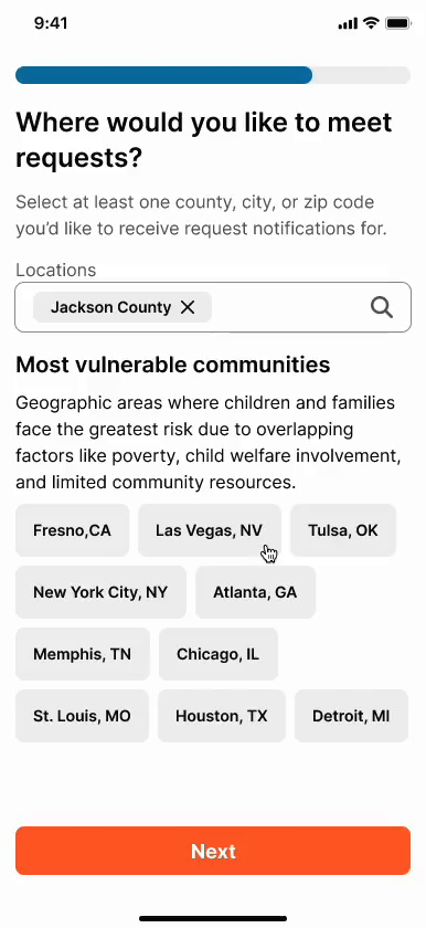 Location selection screen for choosing where to receive family assistance requests with vulnerable community listings