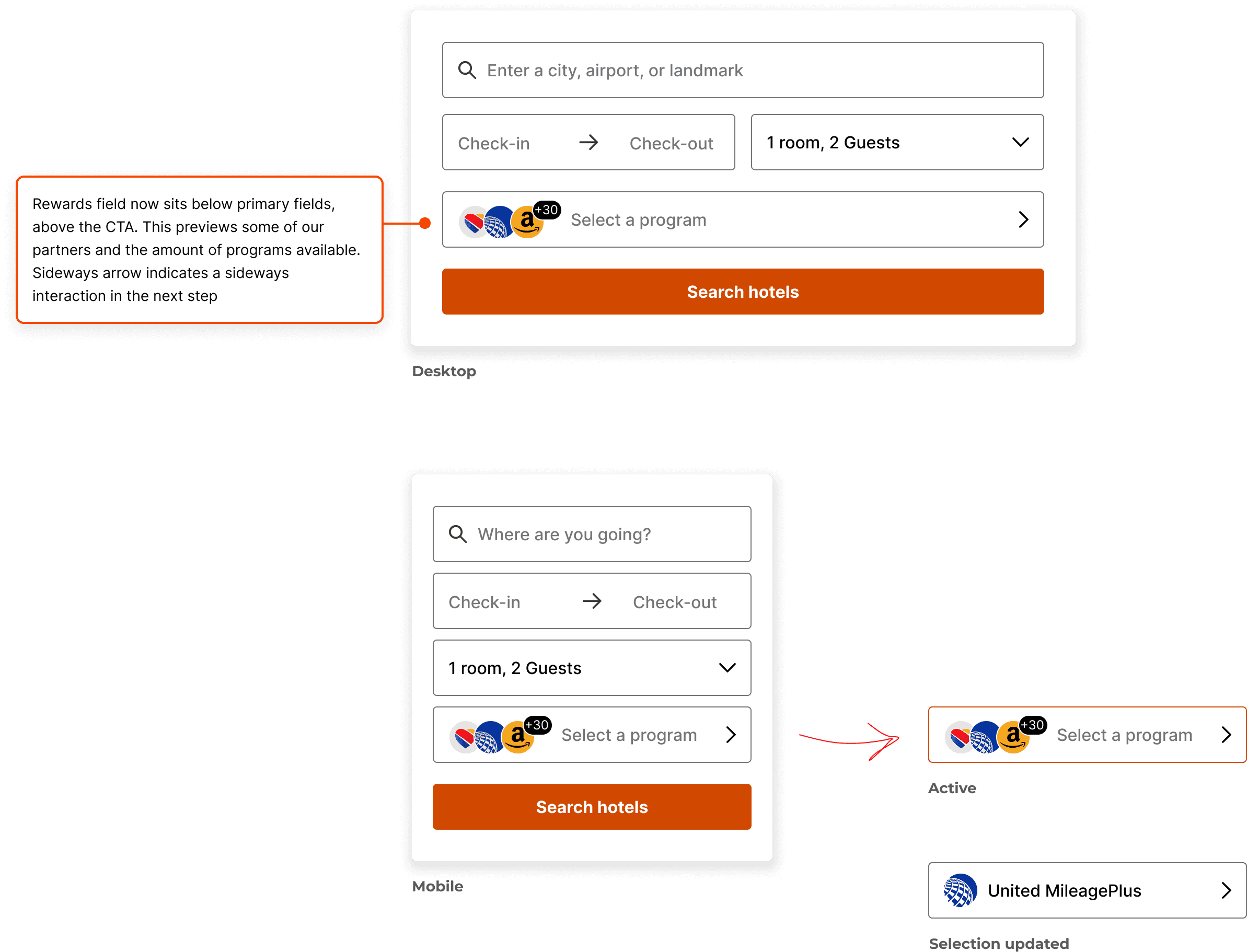 An image showing the desktop and mobile iterations of the updated search form with a new rewards program field.