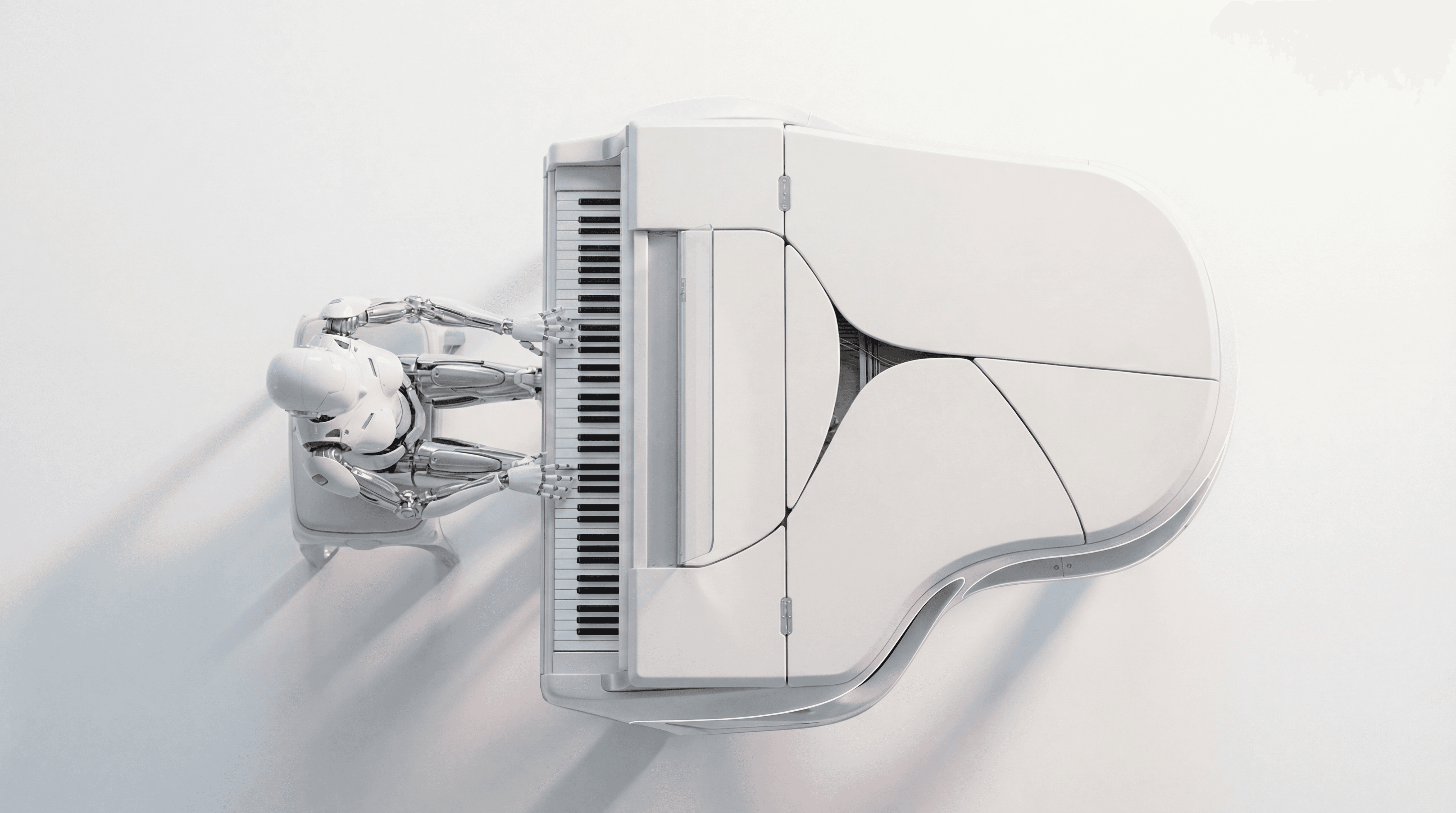 Futuristic white piano with a robotic hand in a minimalist studio
