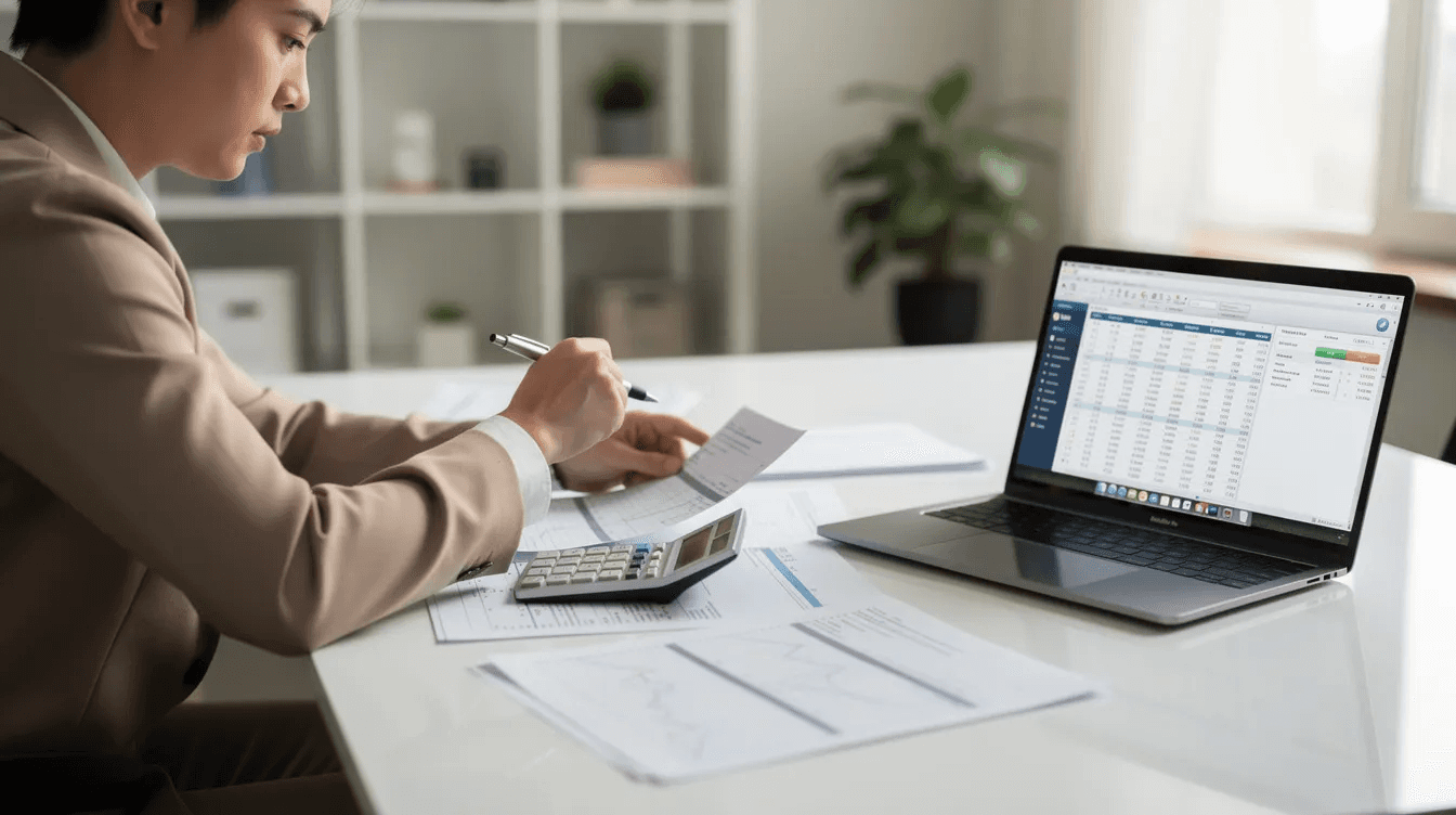 A person is sitting at a desk, intently reviewing financial documents while using a calculator and a laptop, likely analyzing their investment portfolio for tax loss harvesting strategies to offset capital gains and reduce their tax bill. This scene reflects the importance of tax planning strategies in managing taxable income and capital gains taxes effectively.