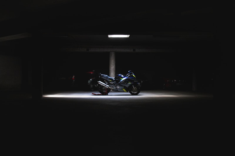 Premium sport motorcycle in a dramatic showroom setting