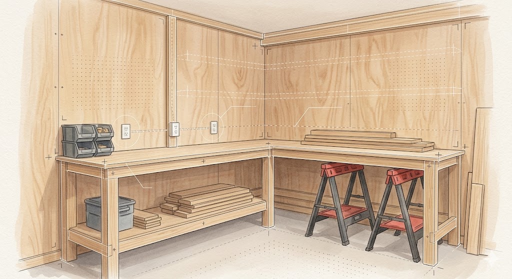 illustrative example of custom garage workbench built