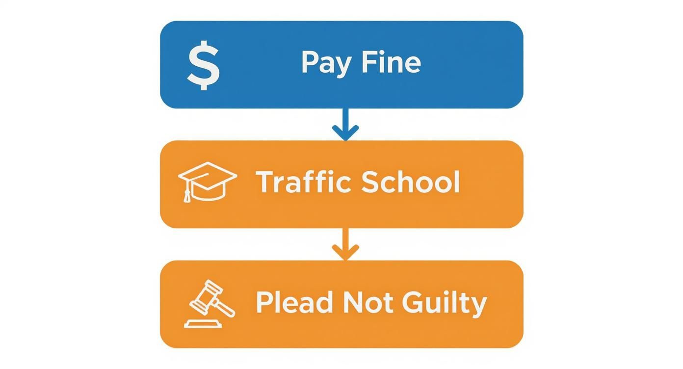 Flowchart illustrating options for resolving a traffic ticket: Pay Fine, Traffic School, or Plead Not Guilty.