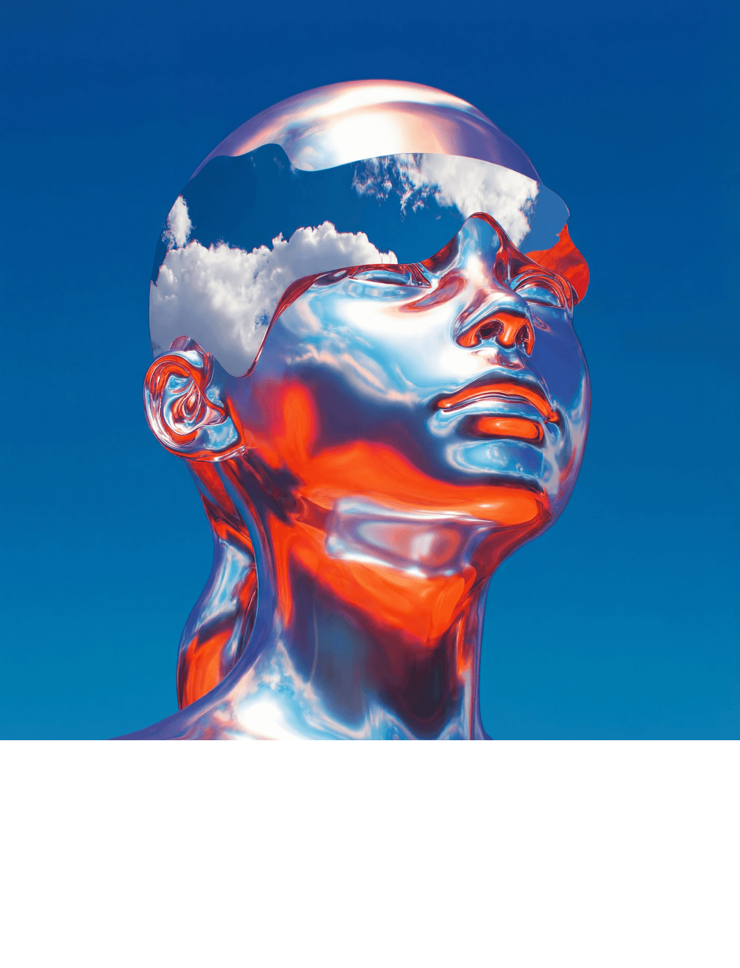 Chrome-like futuristic human head reflecting blue and red light.