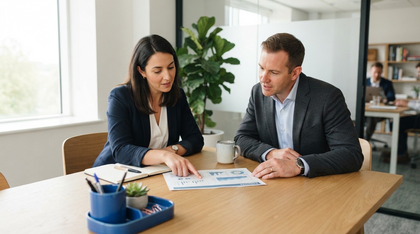Two marketing professionals collaborating on campaign strategy in a modern office