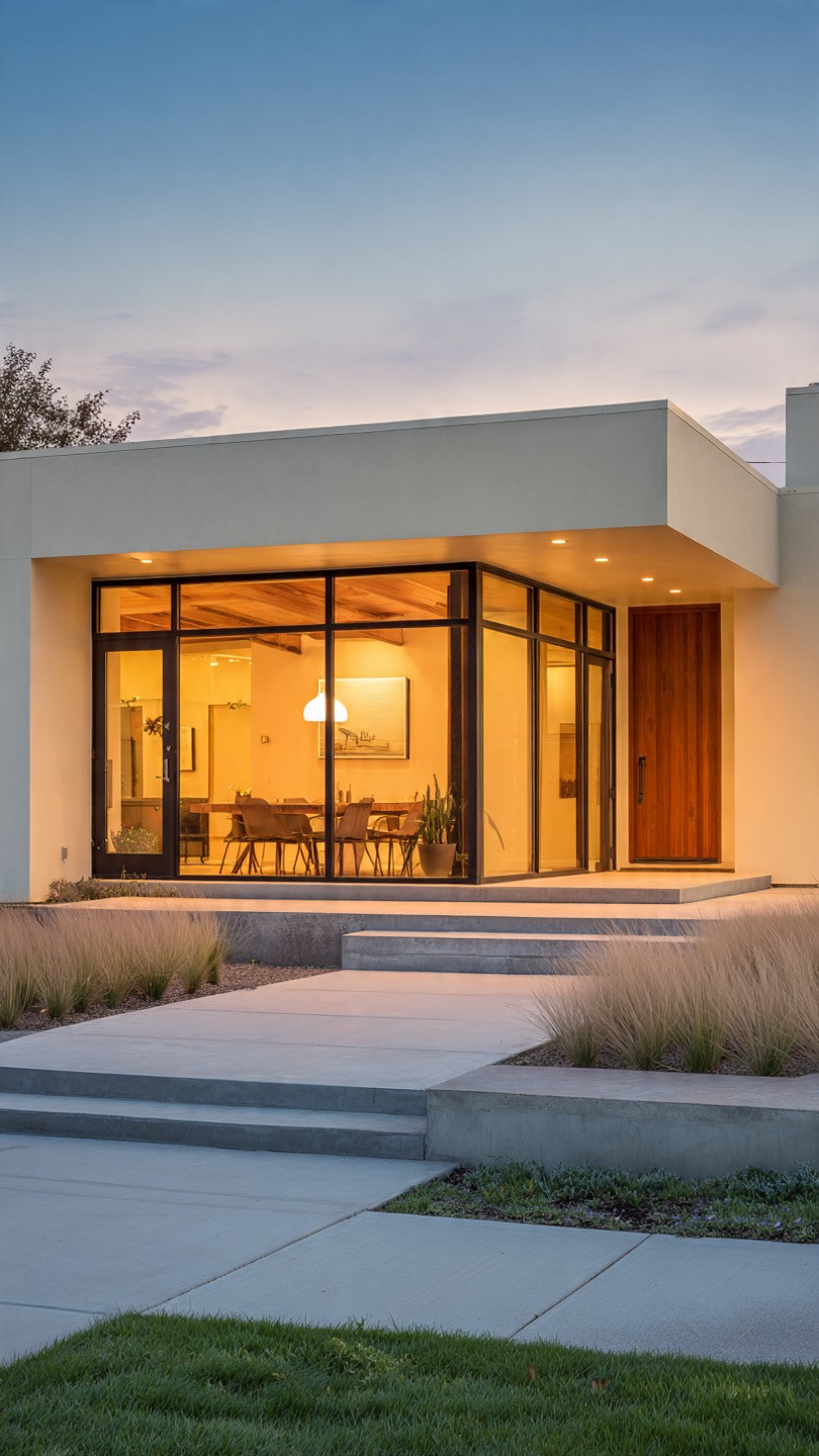 Elegant stone house with porch and warm lighting at dusk, surrounded by lush greenery and hills. Stone steps lead to lit lanterns, creating a welcoming ambiance.