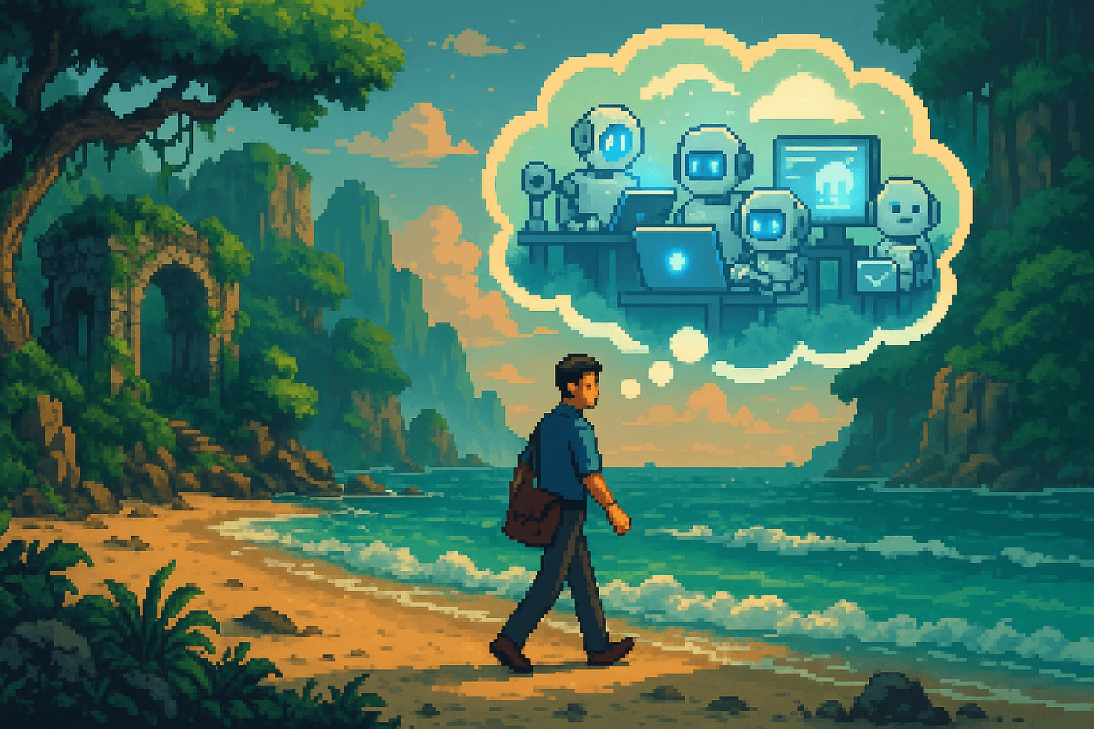 Abstract digital illustration of an AI-powered agency workflow with stylized people, automation systems, and connected tools like Zapier, Qwilr, Fireflies, Beautiful.ai, and Custom GPTs, representing streamlined client onboarding, proposal creation, and meeting automation.