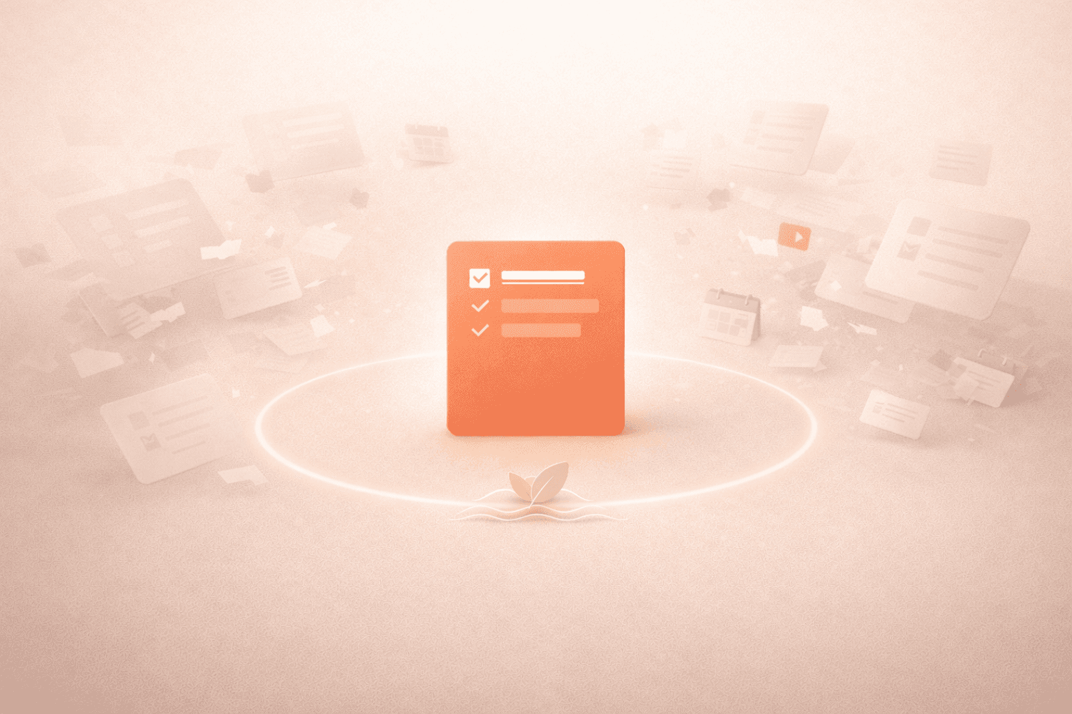 Minimalistische 3D-Illustration auf cremebeigem Hintergrund mit einer aufrecht stehenden korallorangenen Aufgabenkarte im Zentrum, umgeben von einem sanften Leuchtring, verblassenden Aufgaben- und Kalendersymbolen sowie einem kleinen Blattelement, das Überlastung und Regeneration darstellt.