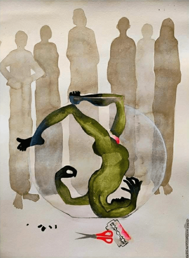 herd of sheep on road painting