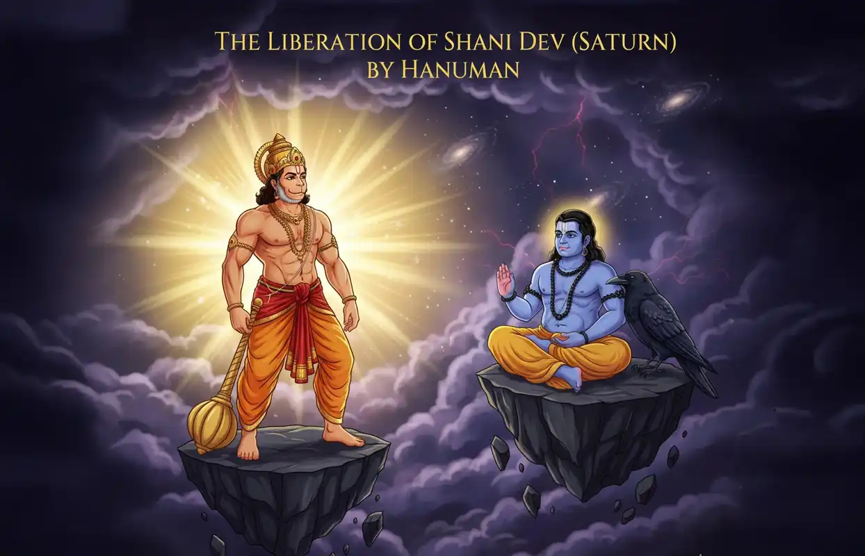 An illustration depicting Hanuman, holding his mace and emanating golden light, confronting Shani Dev (Saturn), who is seated in meditation with his crow vahana, against a cosmic background with stormy clouds and distant galaxies. The image represents the liberation of Shani Dev by Hanuman.