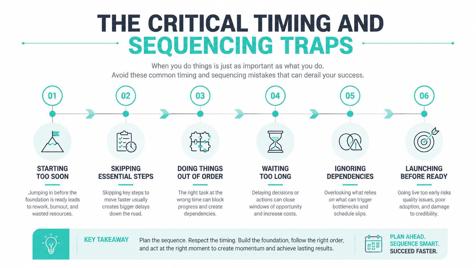 A diagram illustrating six common timing and sequencing traps to avoid for successful business project management.