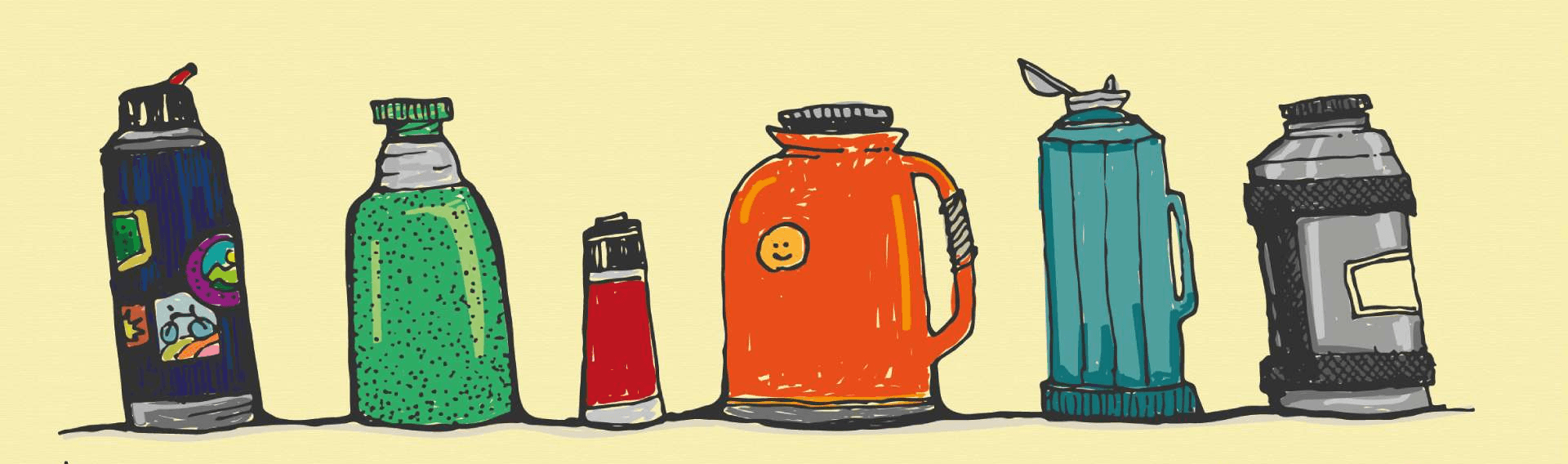 Ilustración de termos de mate variados en hilera