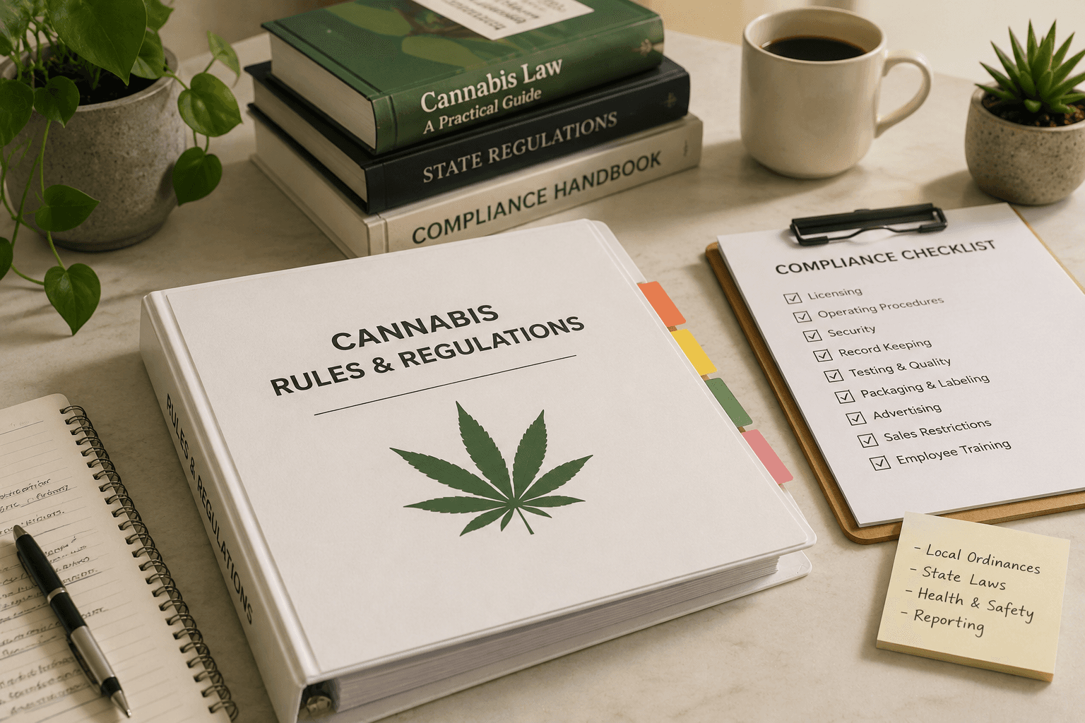 A realistic office desk scene focused on cannabis compliance and regulatory documentation. At the center is a large white binder labeled “Cannabis Rules & Regulations” with a cannabis leaf graphic on the cover and colorful divider tabs along the side. Around it are stacked law and compliance books, a clipboard with a compliance checklist, handwritten notes, a coffee mug, and small potted plants. The warm natural lighting, neutral tones, and organized workspace create a professional atmosphere centered on cannabis industry regulations and operational compliance.