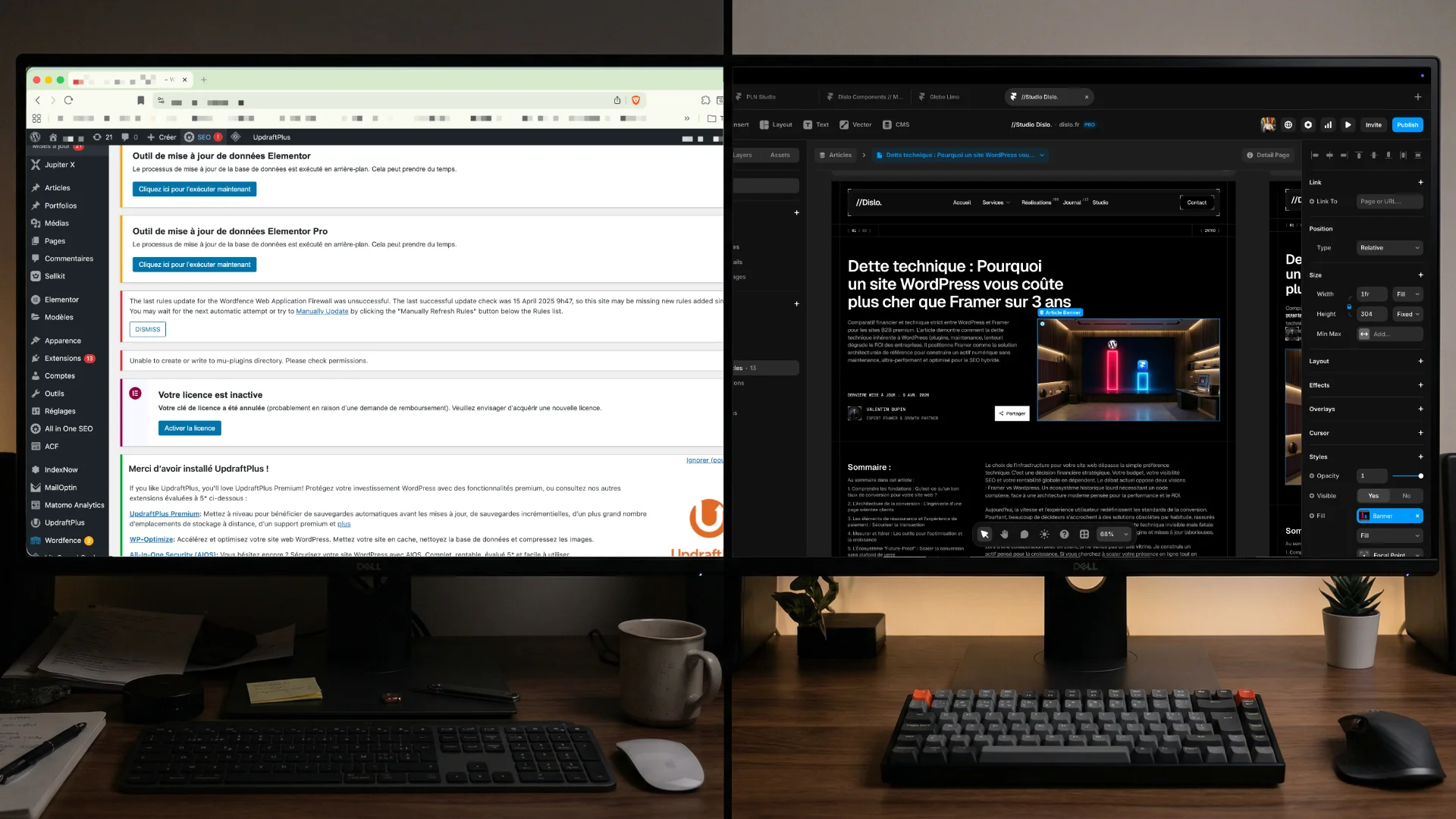 Interface de gestion de contenu complexe wordpress vs interface design intuitive framer.