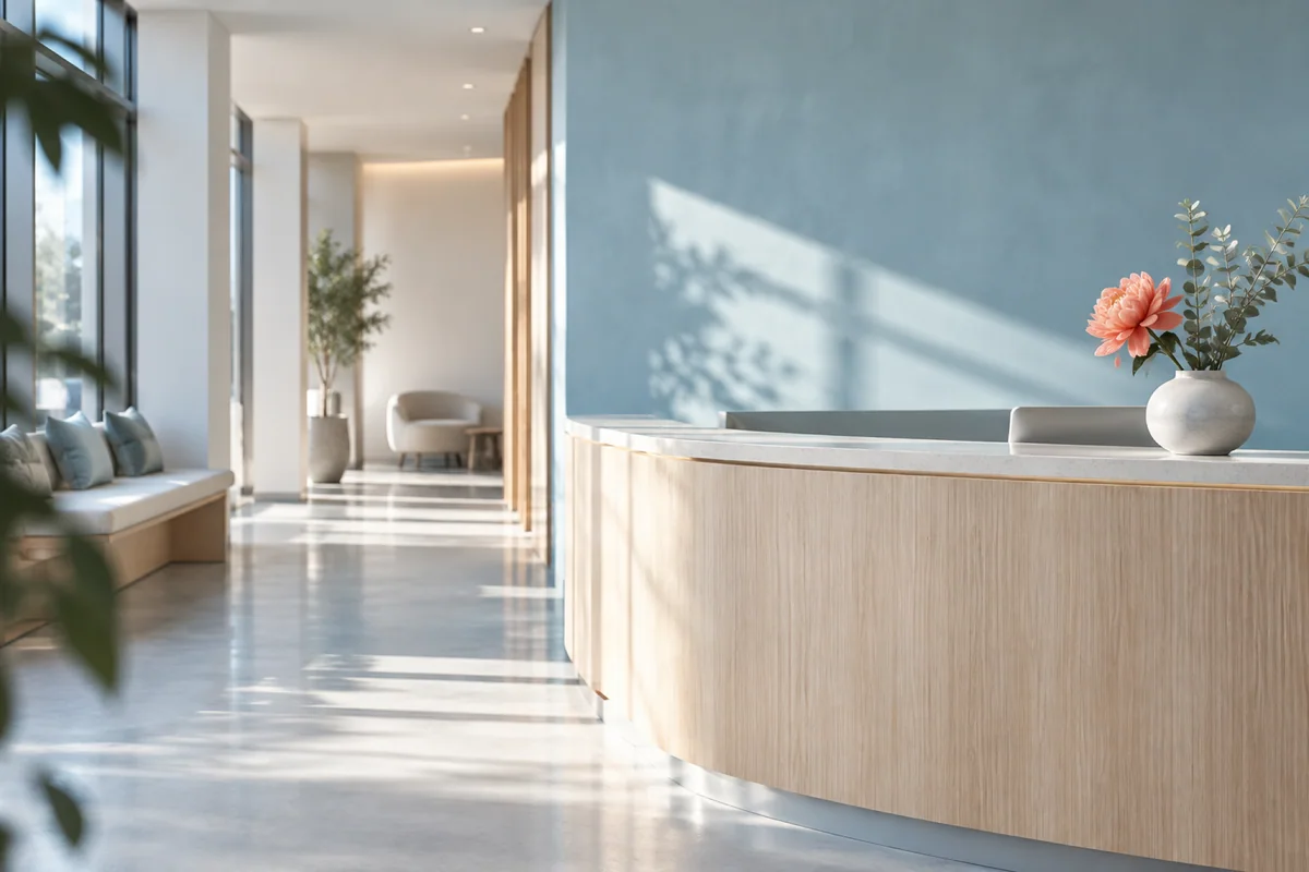 Pale wood reception desk with a coral flower in a bright corridor
