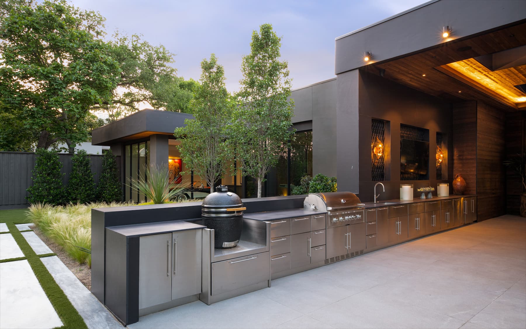 Custom outdoor kitchen design for Dallas estate, stainless steel material, gas grill