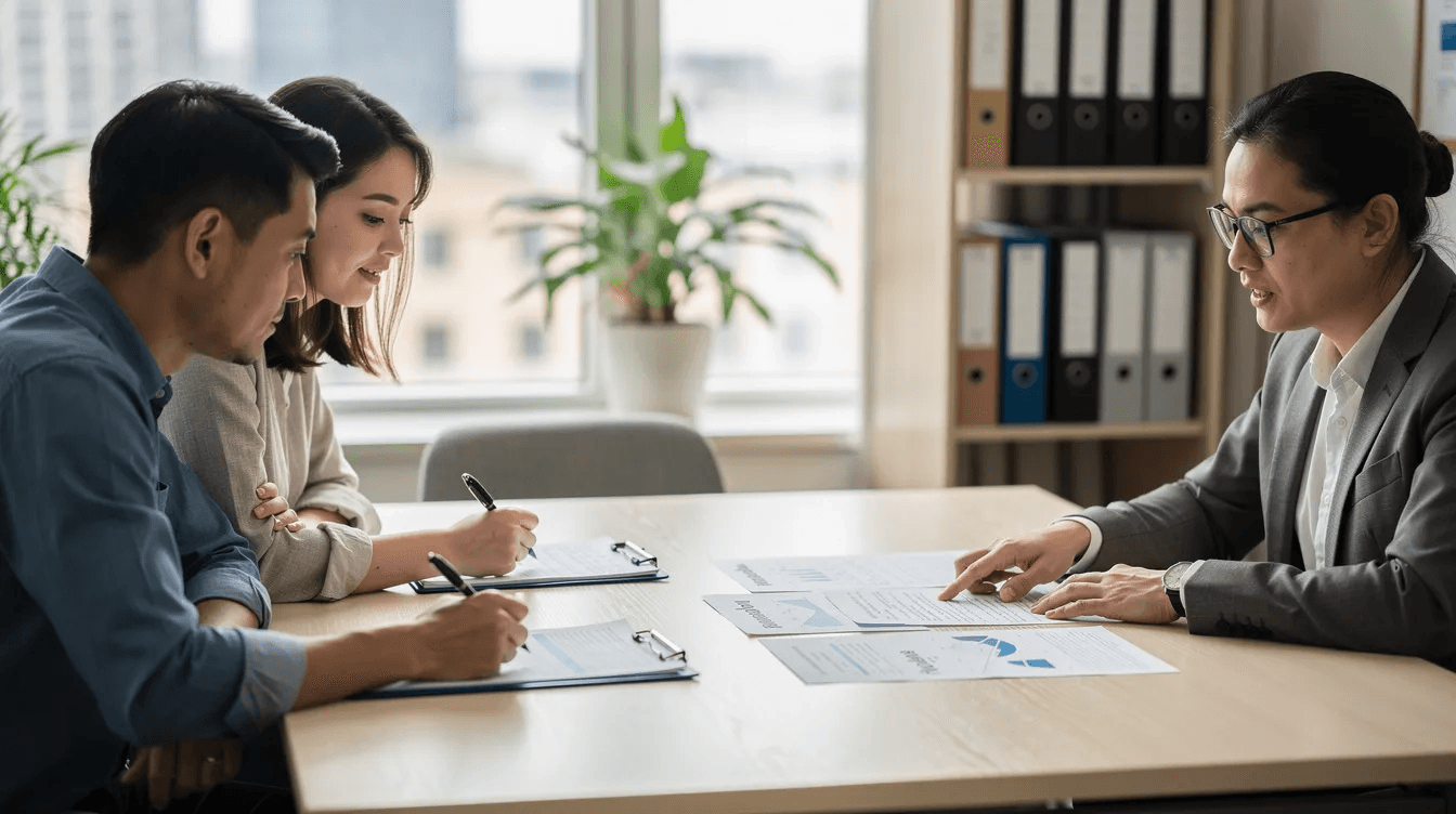 In a calm office setting, a couple sits across from a trusted financial advisor, reviewing important documents related to their financial planning and investment advisory services. The advisor is providing thoughtful advice to help them achieve their financial goals and navigate their investable assets.