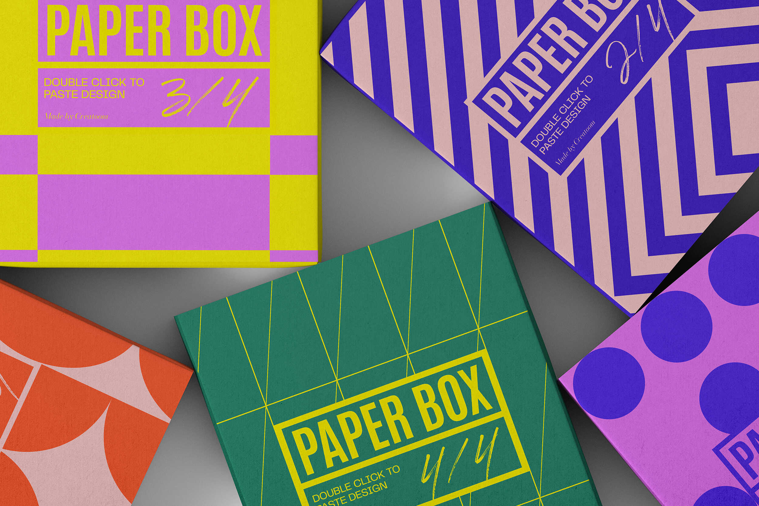 Paper box packaging in assorted bold patterns and colors