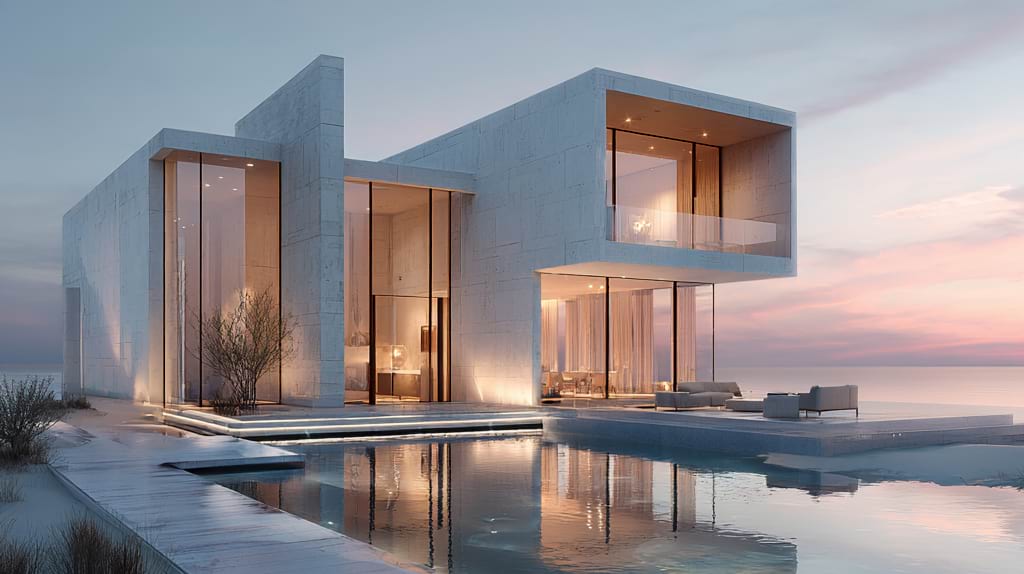 Modern living room with beige sofas facing large glass windows overlooking a scenic hillside with houses and trees. A serene and luxurious ambiance.