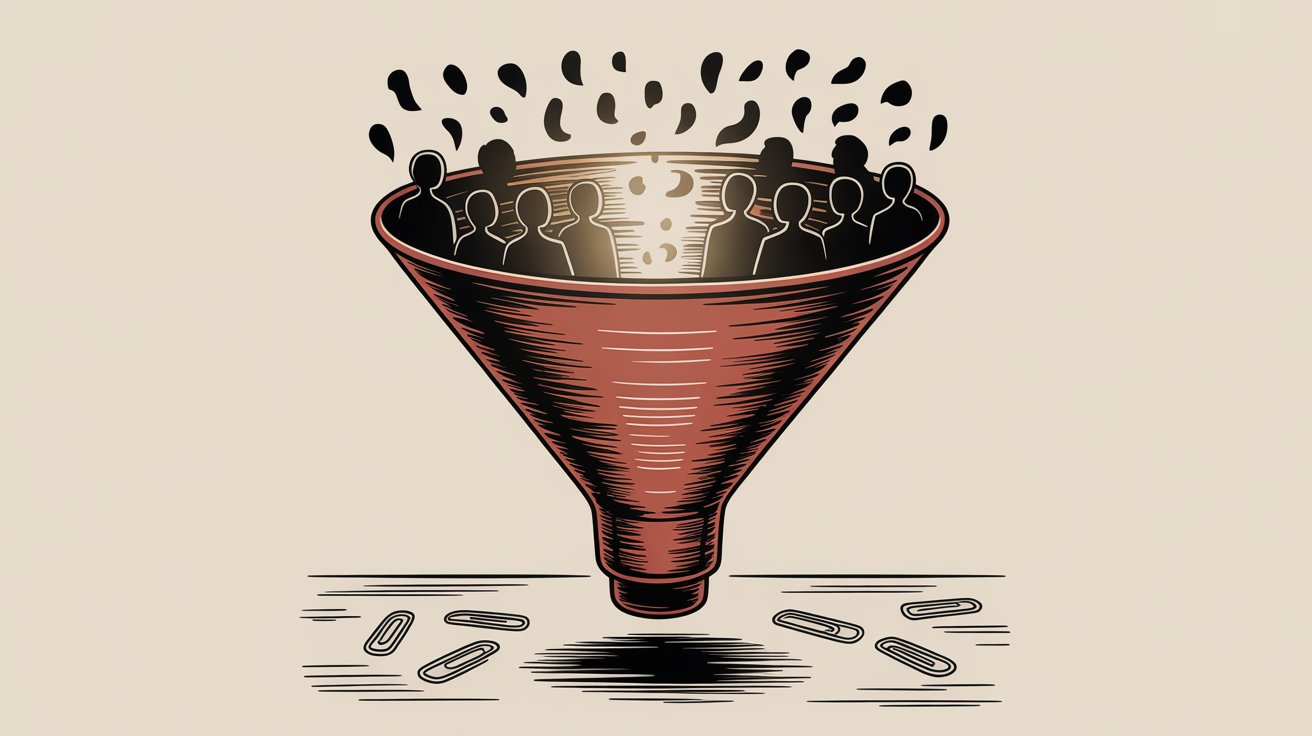 Funnel illustration showing anonymous prospect silhouettes at top being filtered down to captured lead data at bottom, representing lead generation's conversion process
