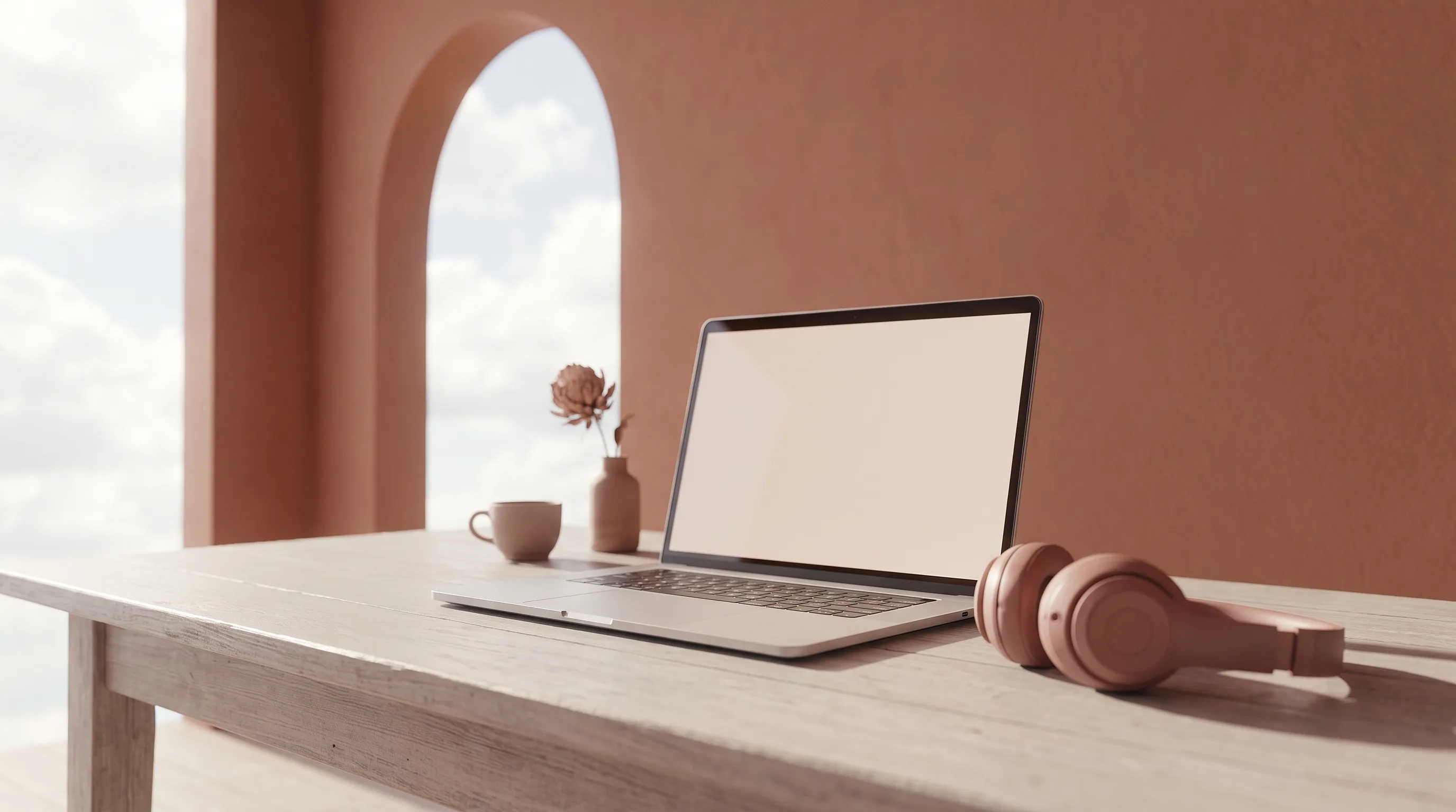 An open laptop and headphones on a sunlit wooden desk