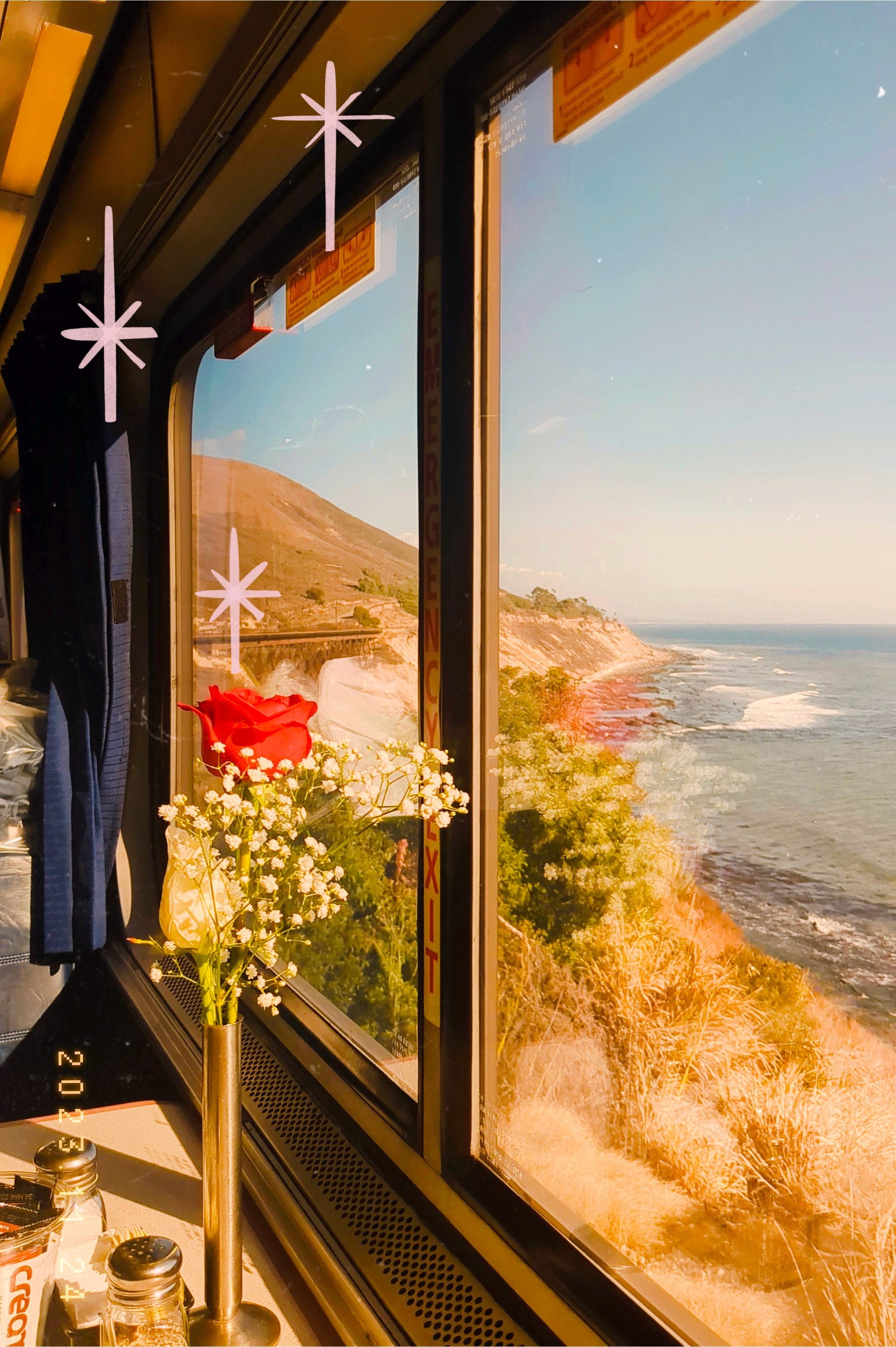 The view out the window of a train. You can see the beautiful California coast line.