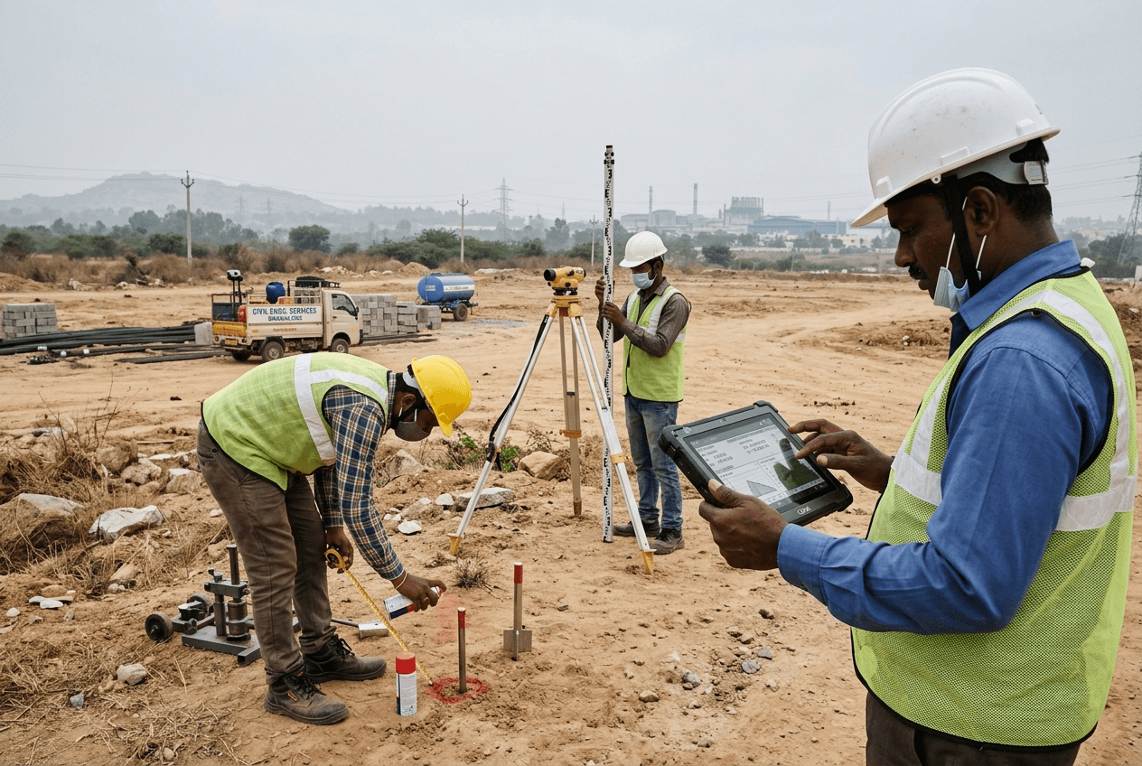 Construction workers reviewing blueprints